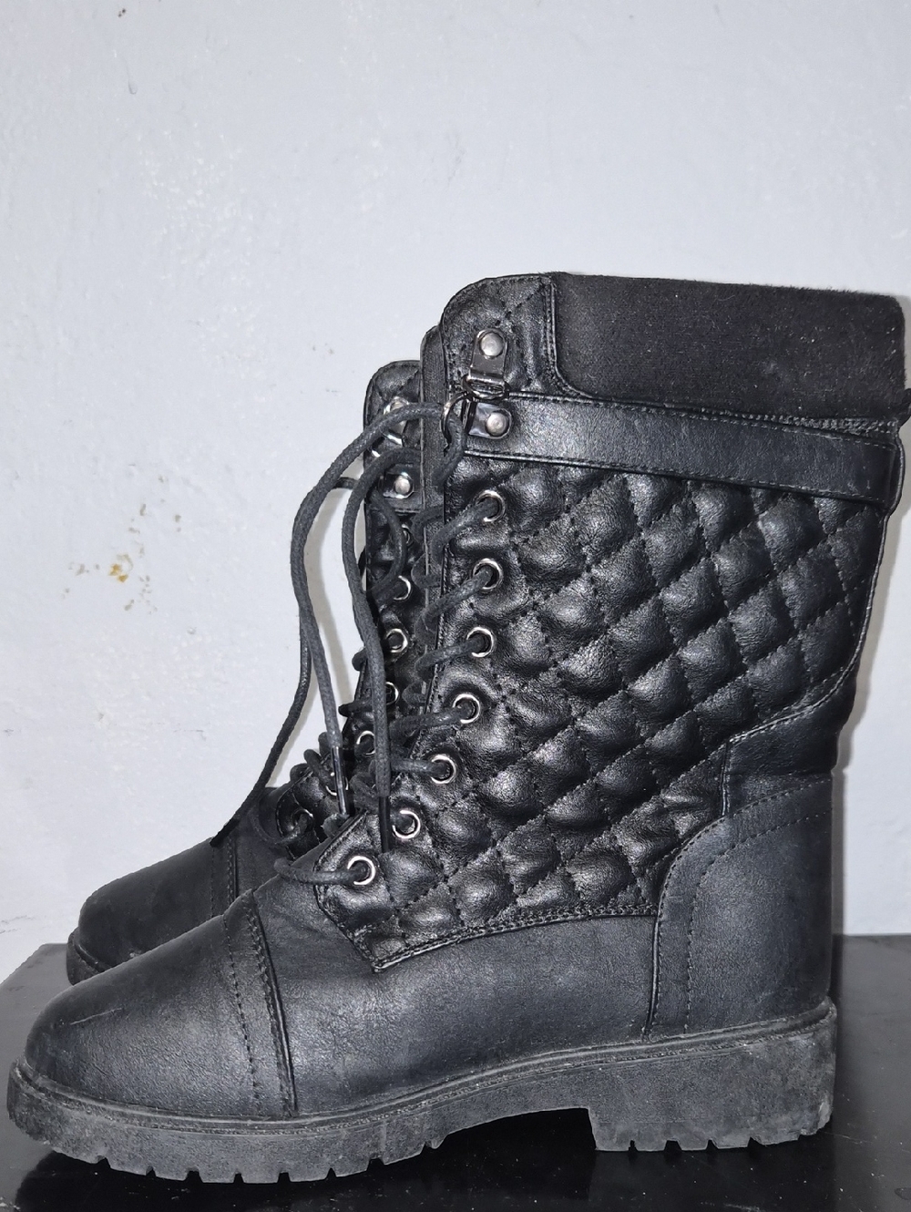Forever Link Black Quilted Lace-Up Combat Boots